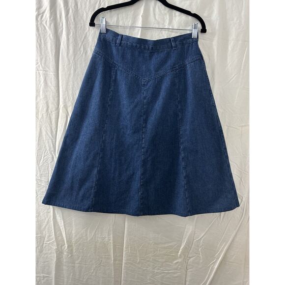 Orvis 8P Blue Denim Jean Skirt Midi Modest Home School Mid Calf Elastic Stretch - Picture 1 of 13